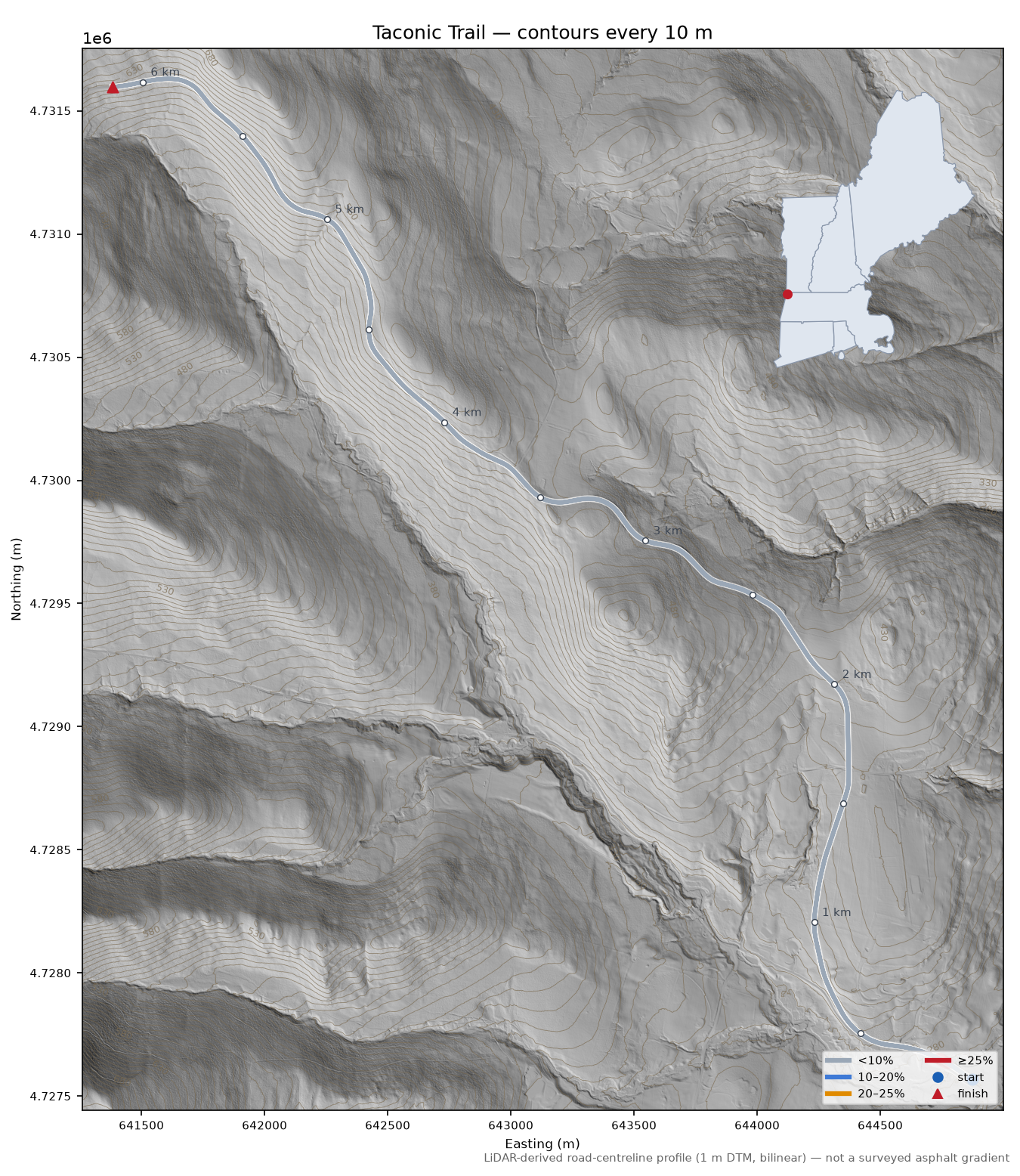 Taconic Trail LiDAR hillshade map with contours