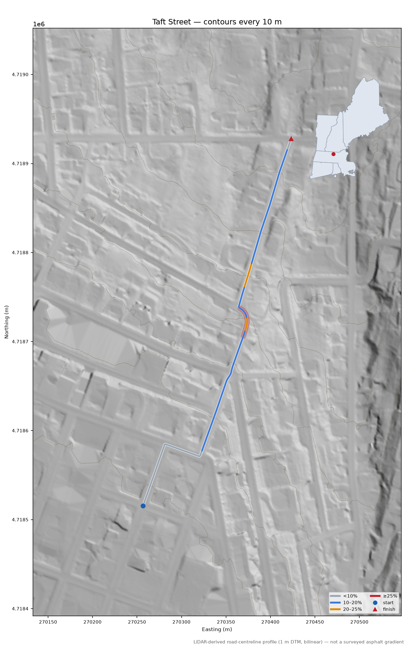 Taft Street LiDAR hillshade map with contours