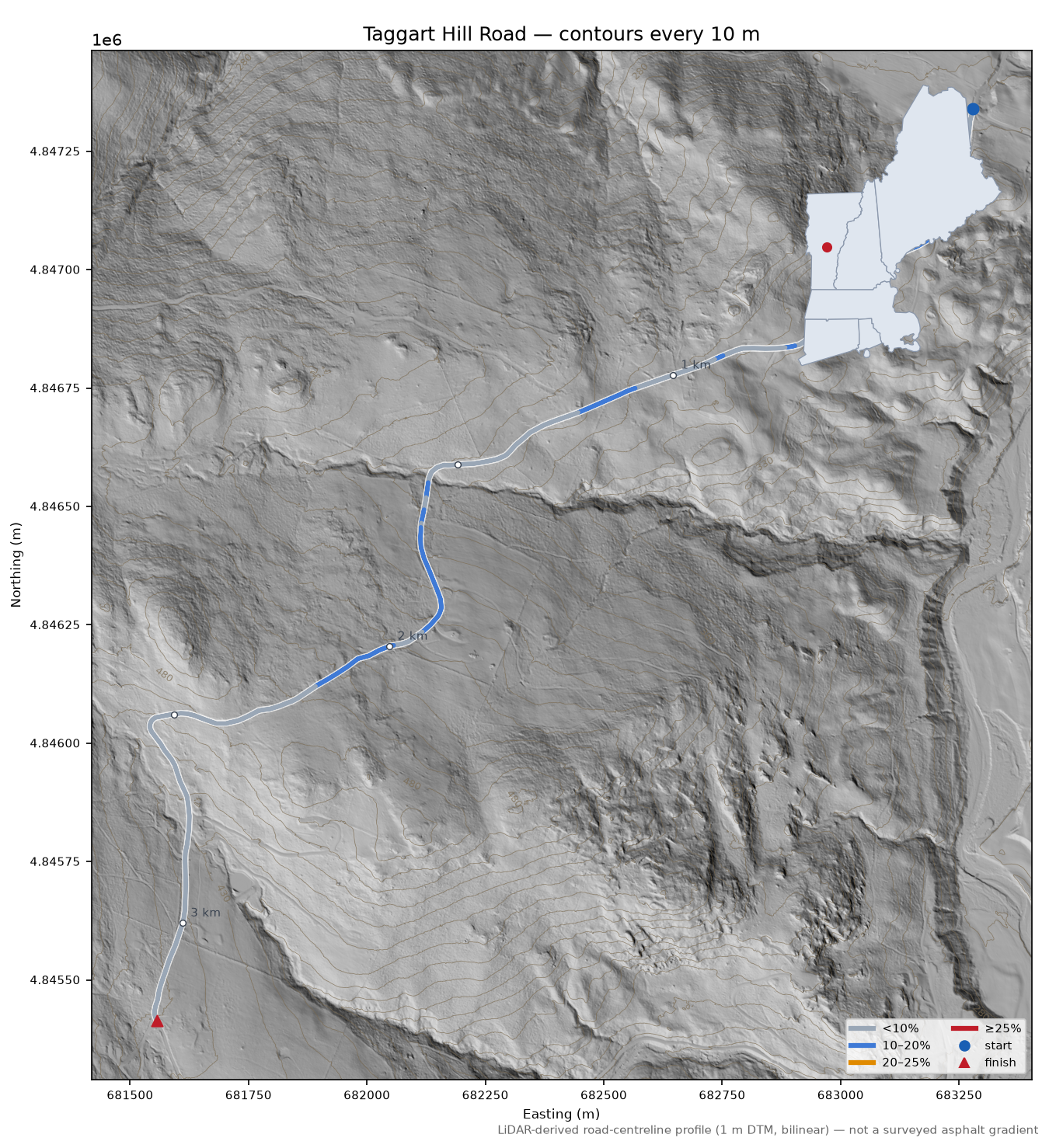 Taggart Hill Road LiDAR hillshade map with contours