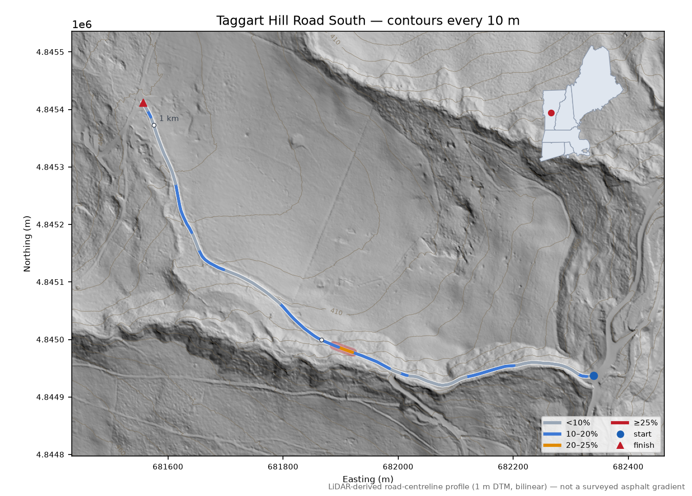 Taggart Hill Road South LiDAR hillshade map with contours