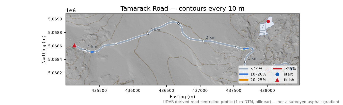Tamarack Road LiDAR hillshade map with contours
