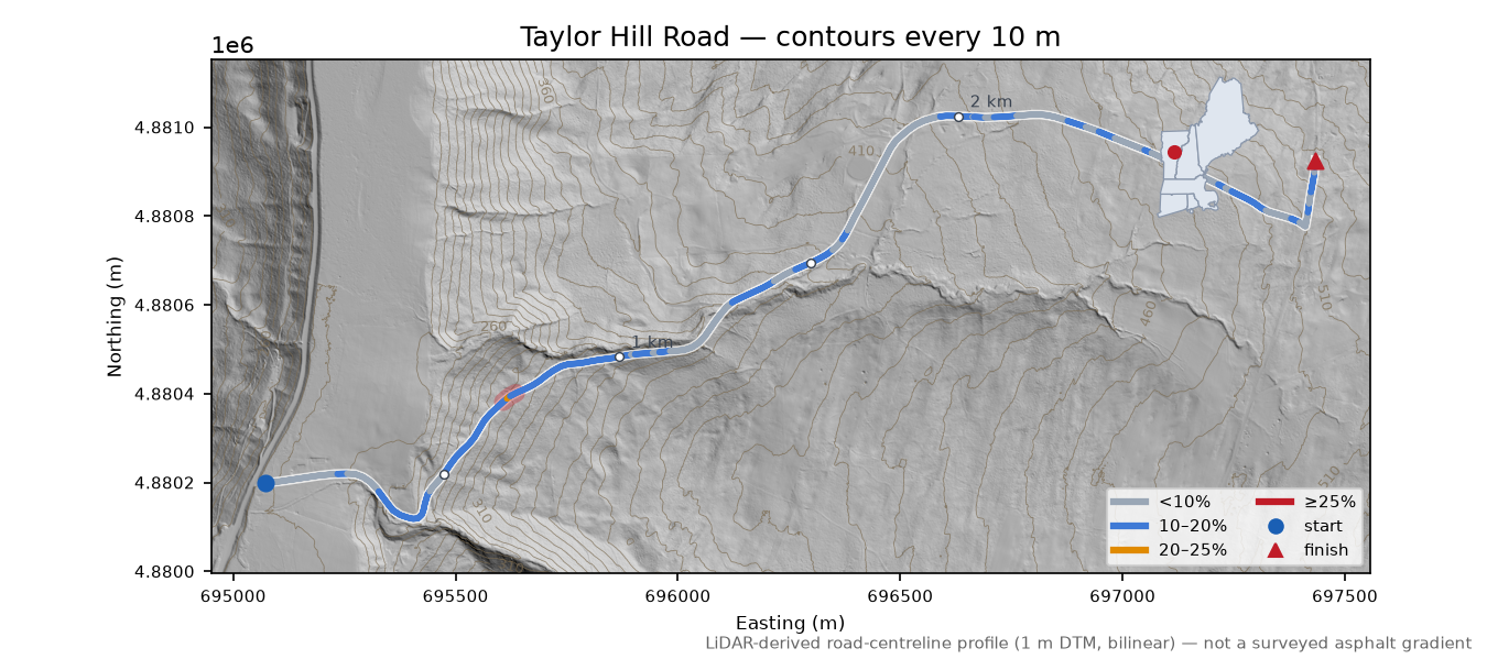 Taylor Hill Road LiDAR hillshade map with contours