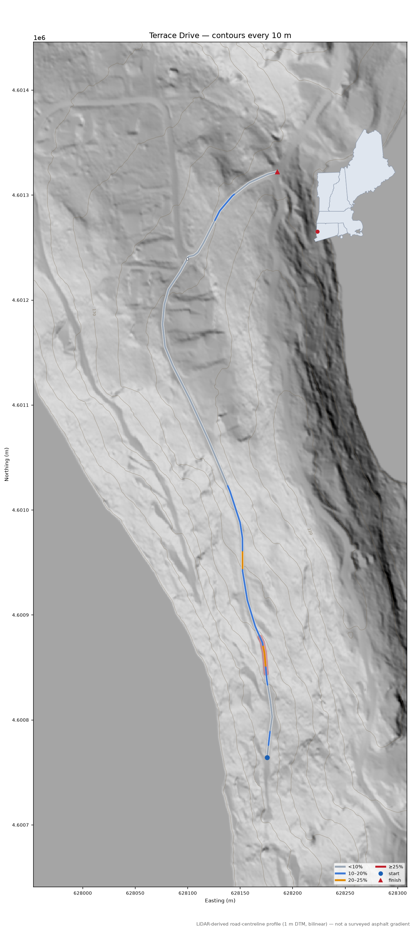 Terrace Drive LiDAR hillshade map with contours