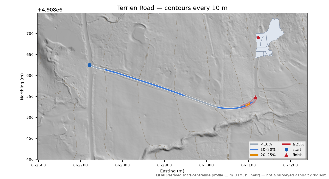 Terrien Road LiDAR hillshade map with contours
