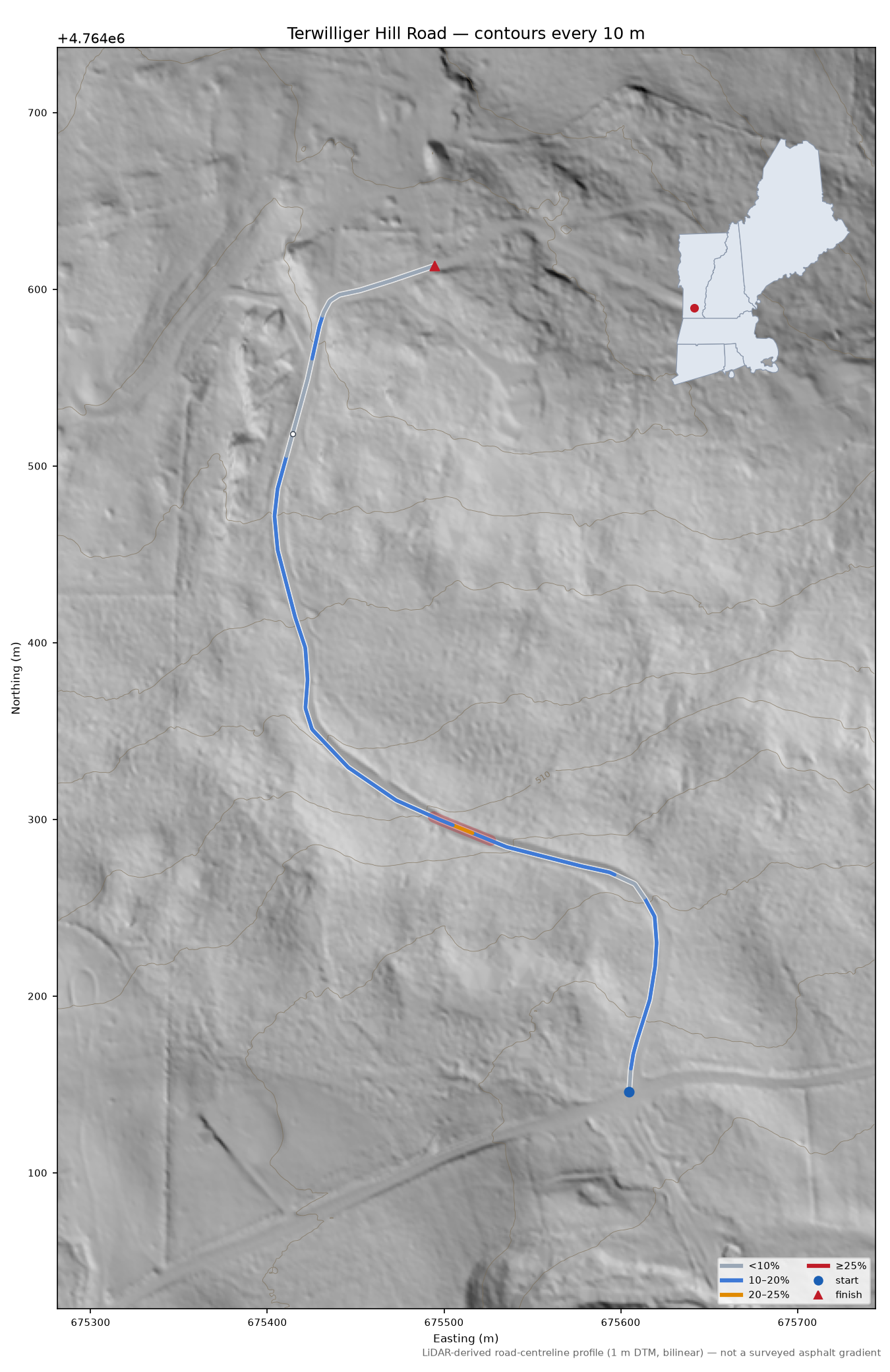 Terwilliger Hill Road LiDAR hillshade map with contours