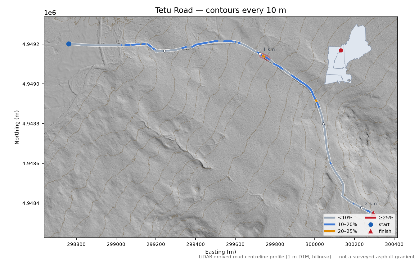 Tetu Road LiDAR hillshade map with contours