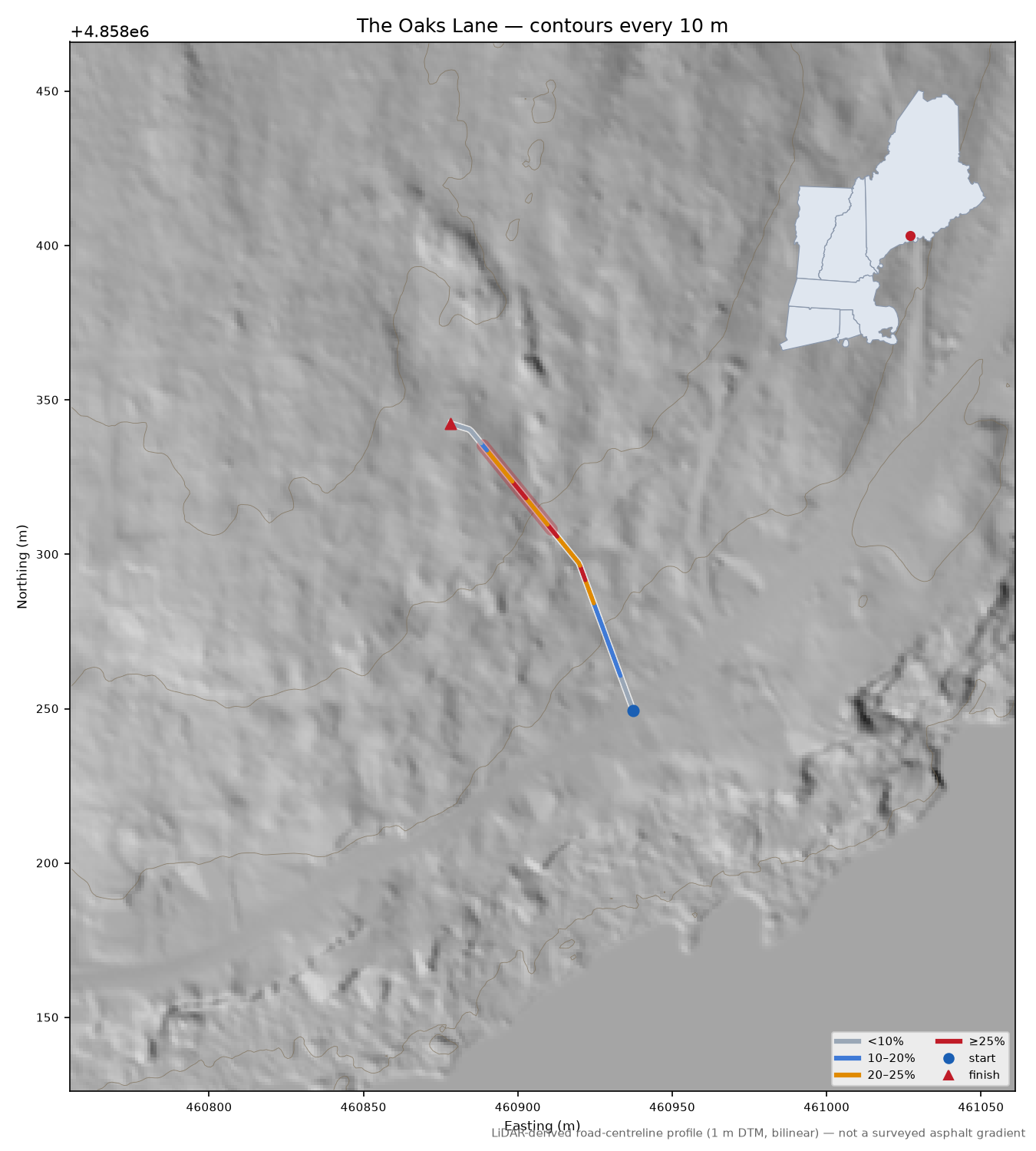 The Oaks Lane LiDAR hillshade map with contours