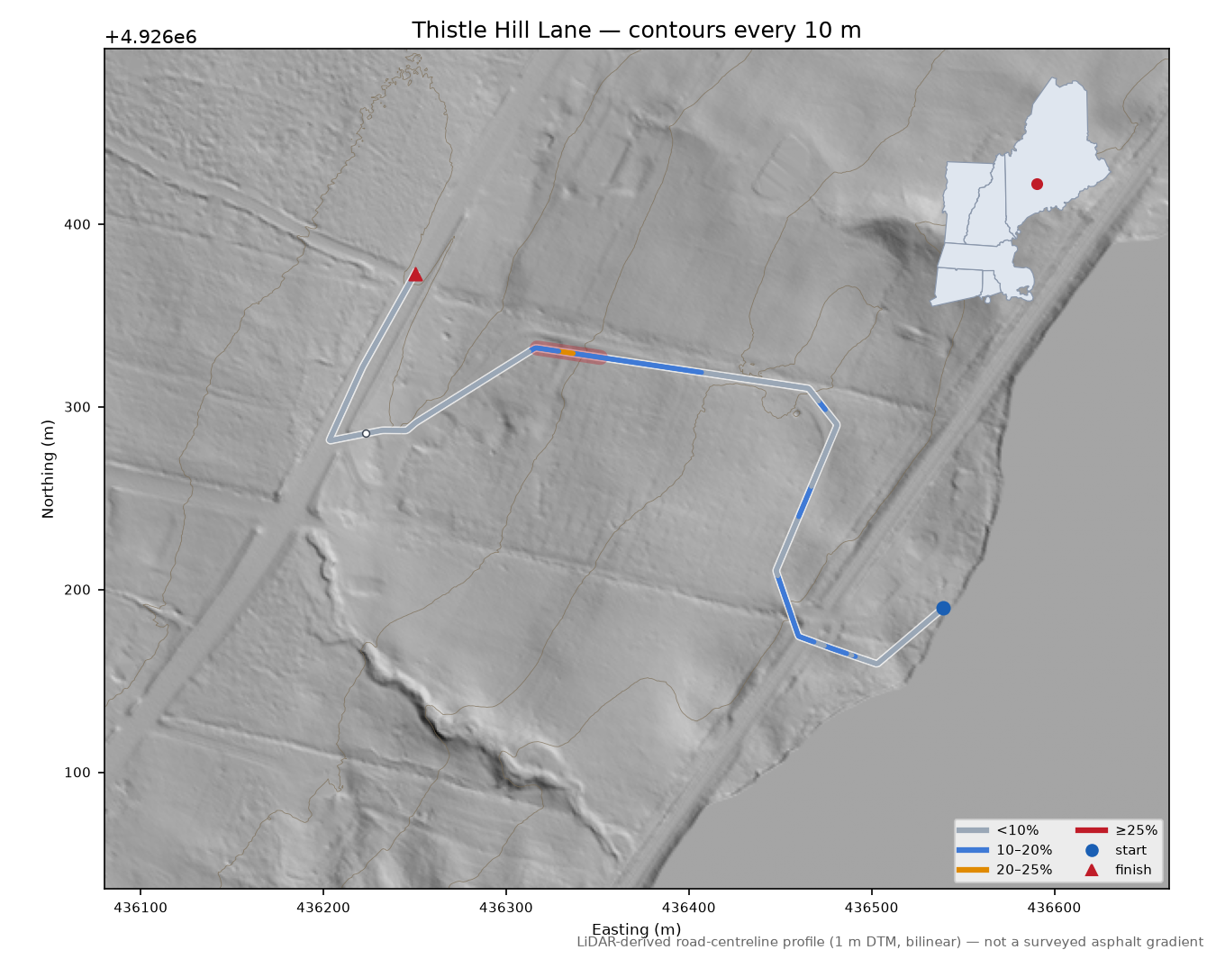 Thistle Hill Lane LiDAR hillshade map with contours