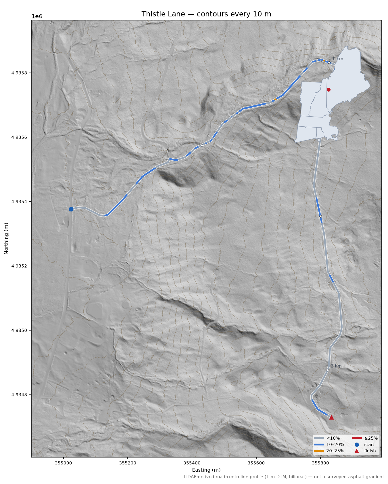 Thistle Lane LiDAR hillshade map with contours