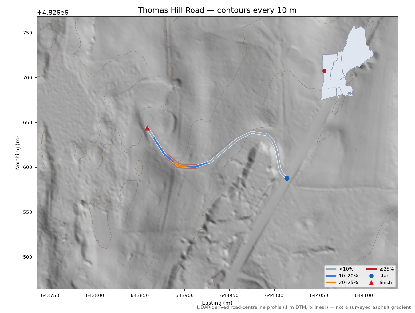 Thomas Hill Road LiDAR hillshade map with contours
