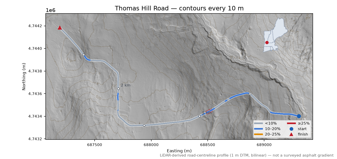Thomas Hill Road LiDAR hillshade map with contours