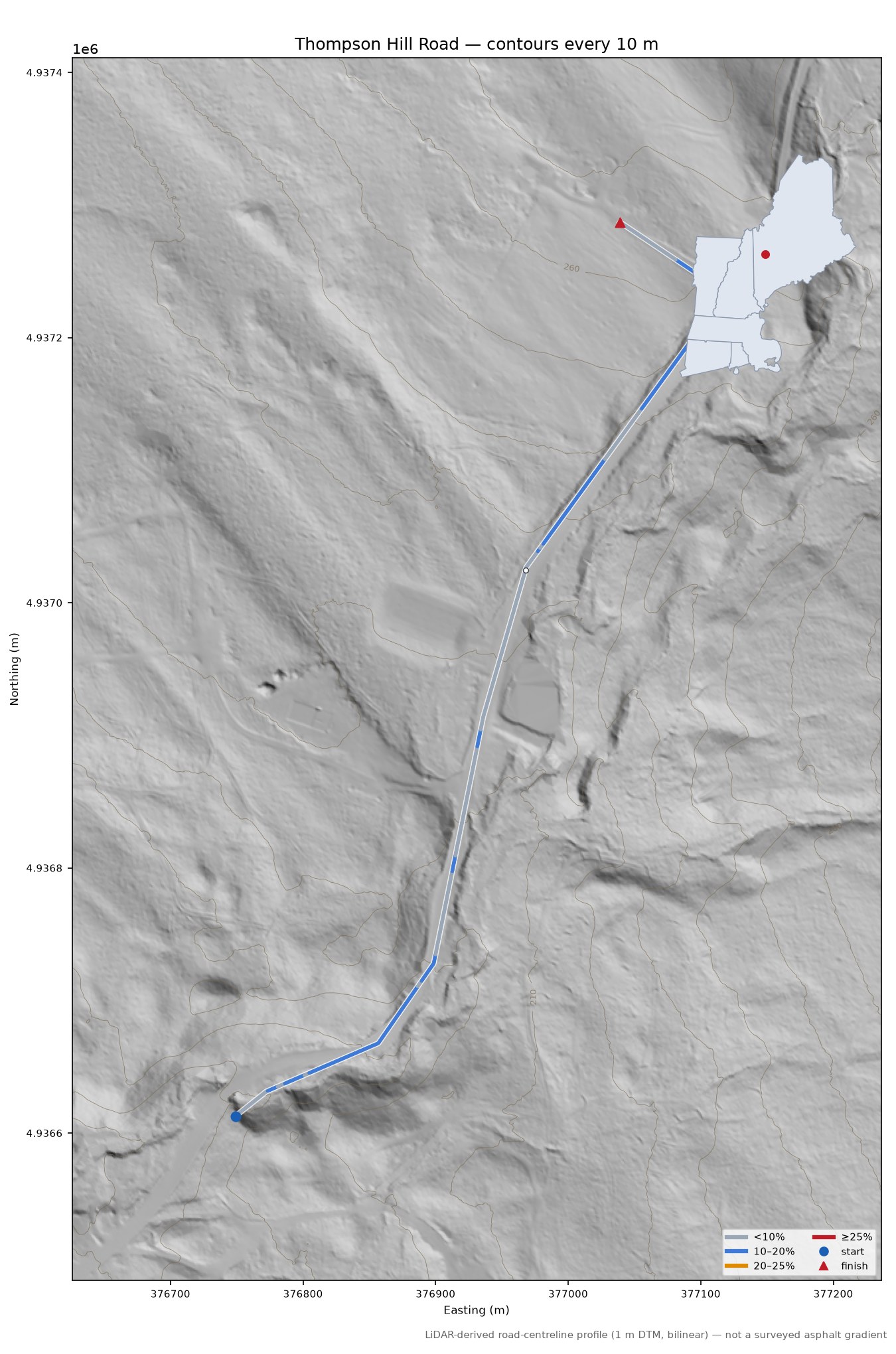 Thompson Hill Road LiDAR hillshade map with contours