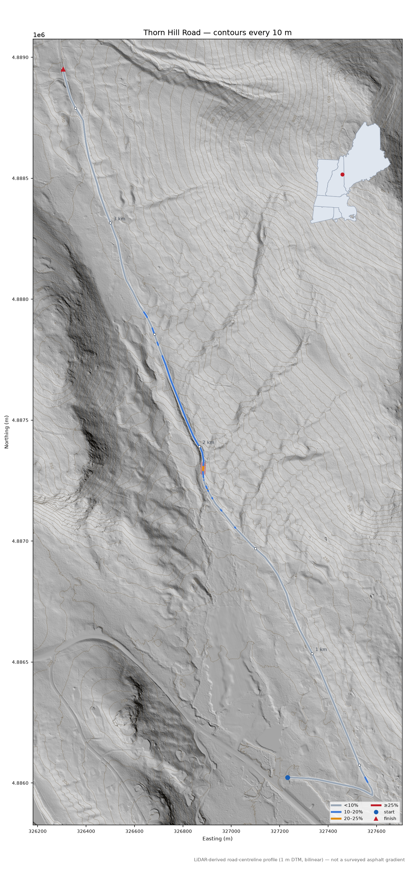 Thorn Hill Road LiDAR hillshade map with contours