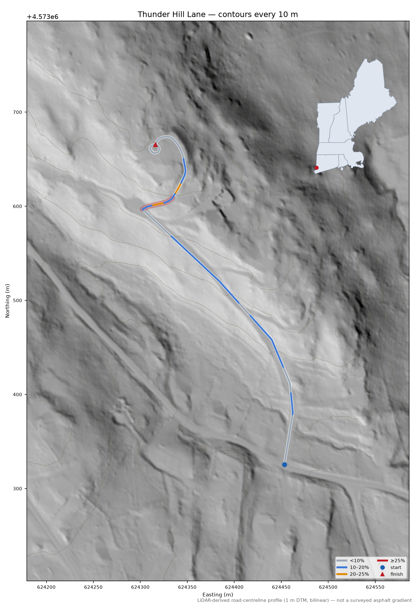 Thunder Hill Lane LiDAR hillshade map with contours