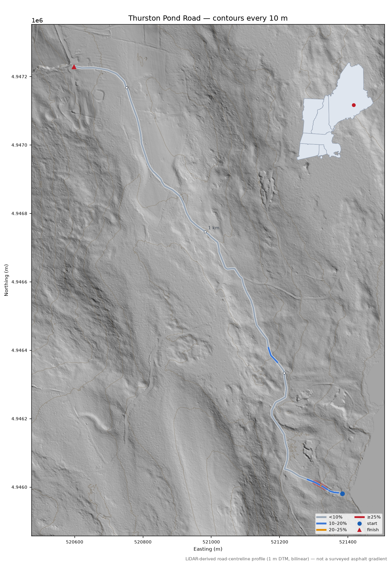 Thurston Pond Road LiDAR hillshade map with contours