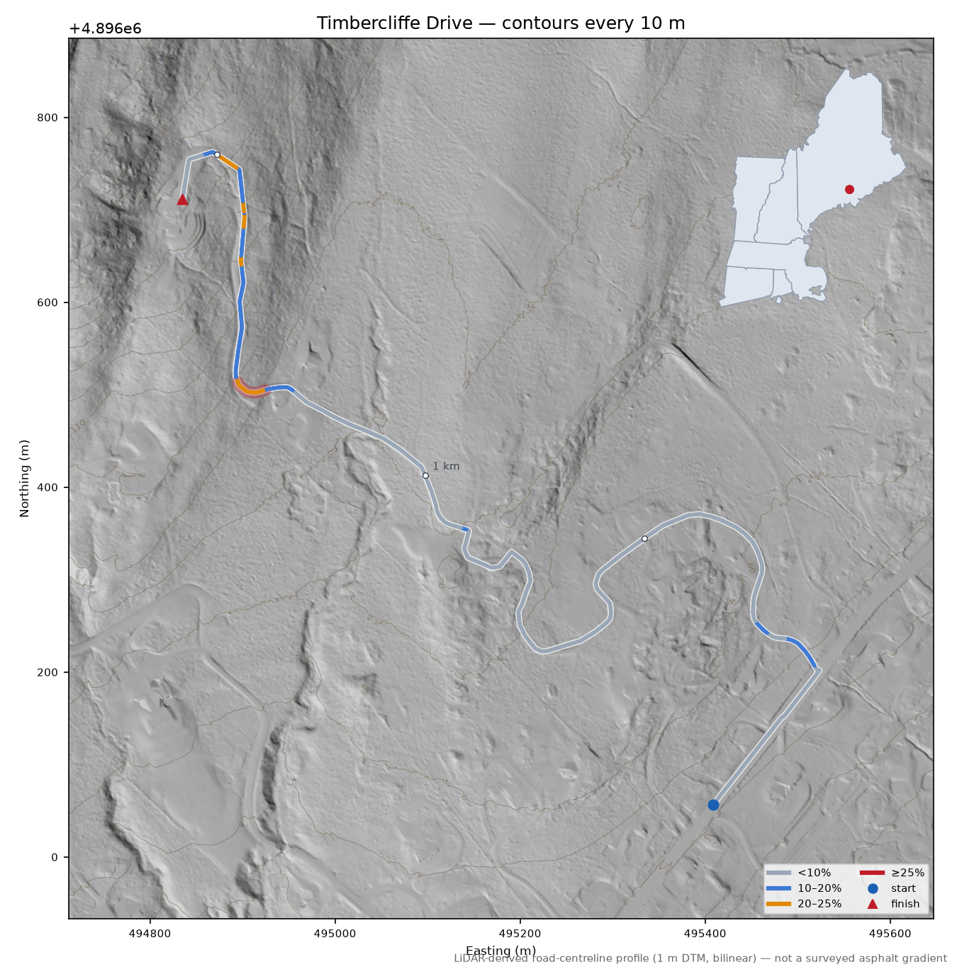 Timbercliffe Drive LiDAR hillshade map with contours