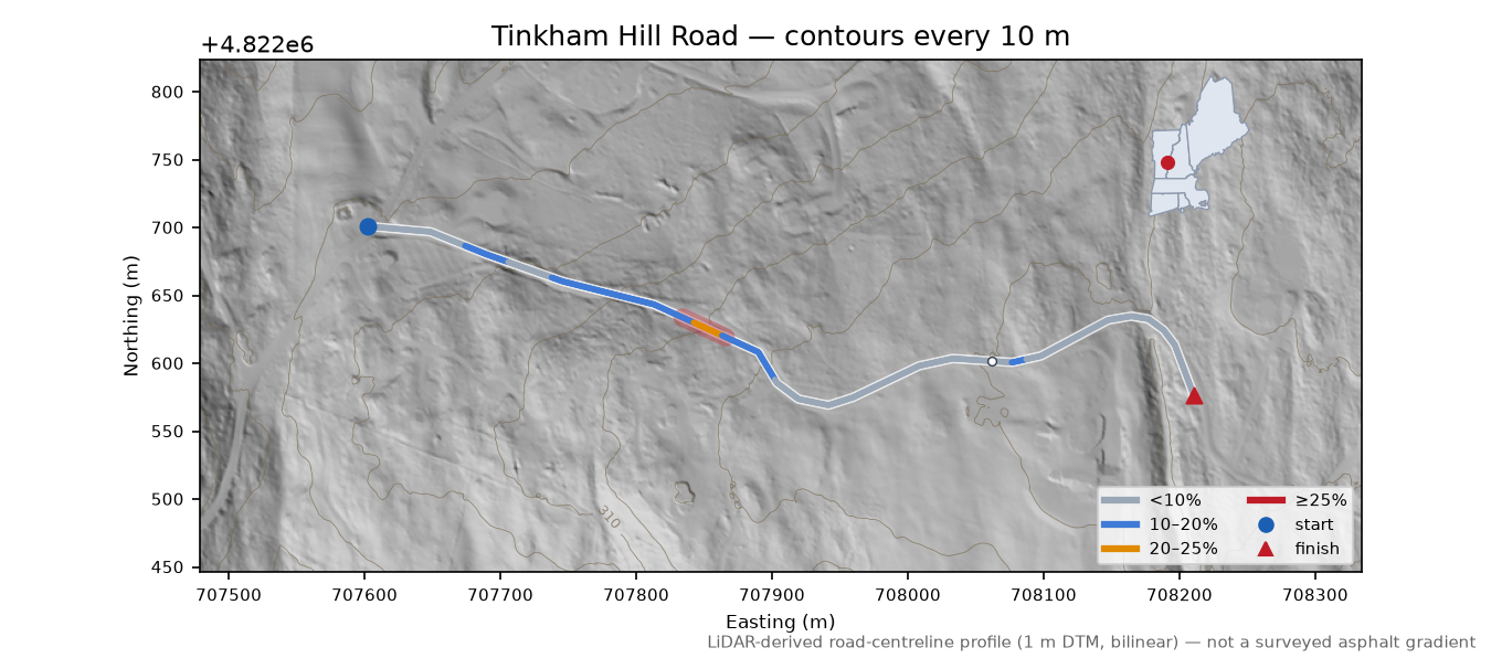 Tinkham Hill Road LiDAR hillshade map with contours