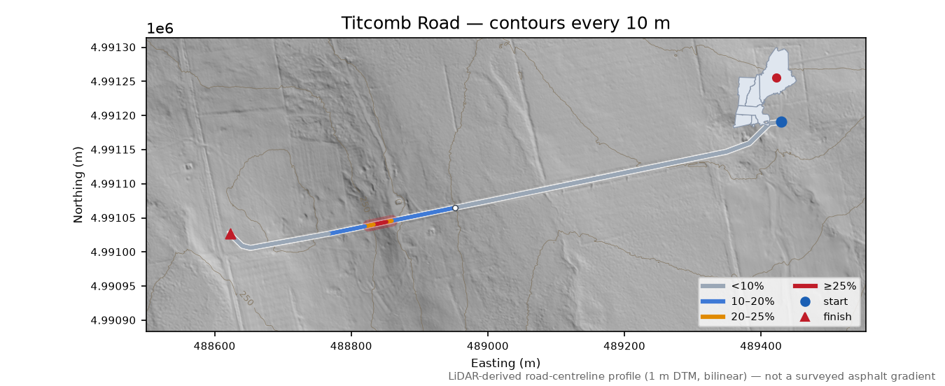 Titcomb Road LiDAR hillshade map with contours