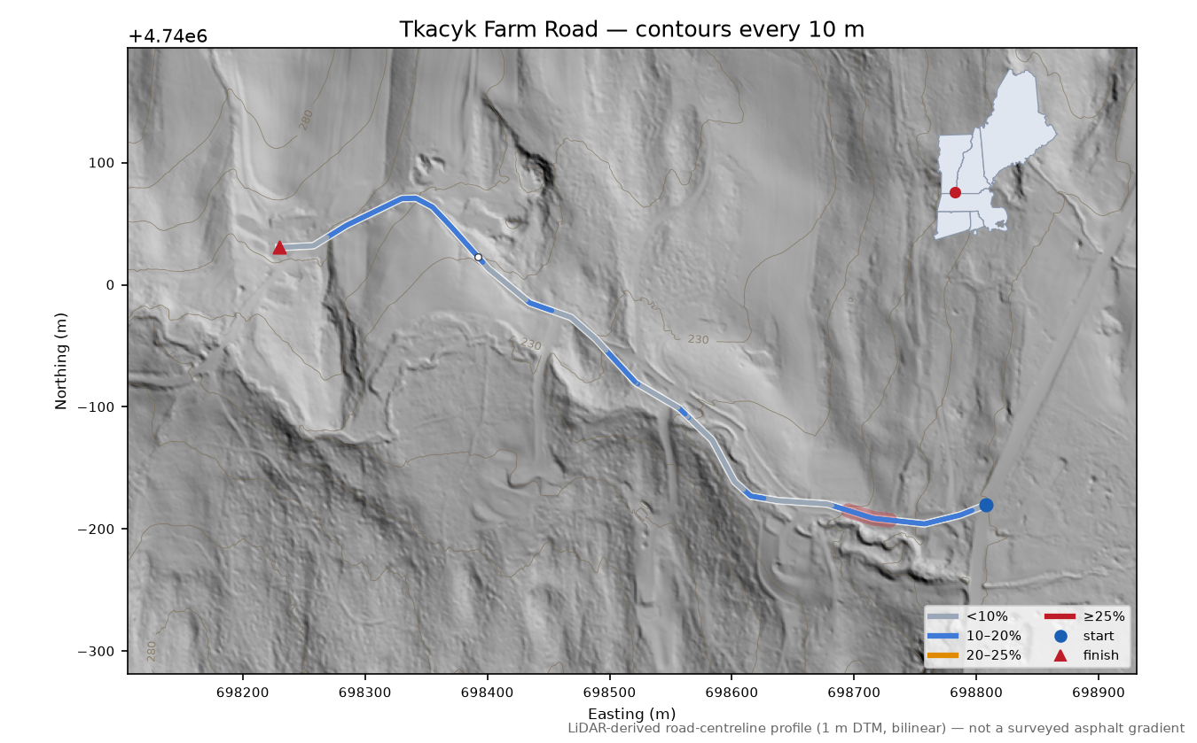 Tkacyk Farm Road LiDAR hillshade map with contours