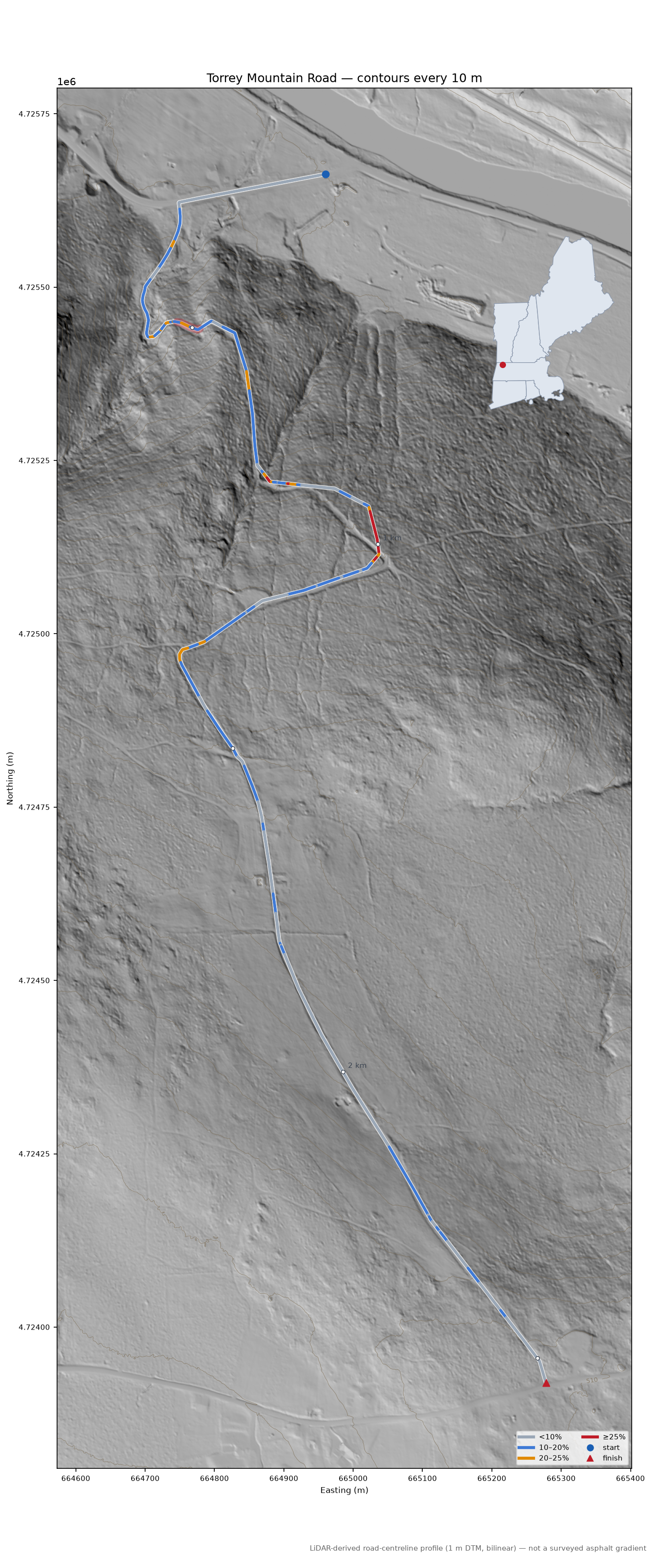 Torrey Mountain Road LiDAR hillshade map with contours