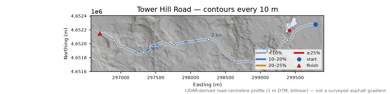 Tower Hill Road LiDAR hillshade map with contours