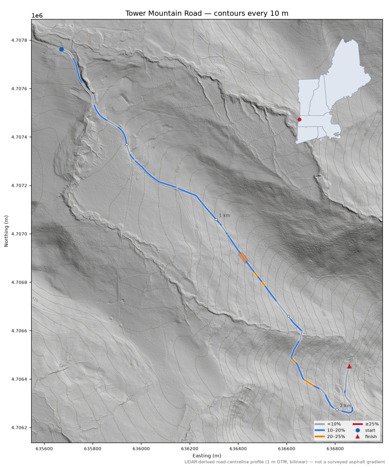 Tower Mountain Road LiDAR hillshade map with contours