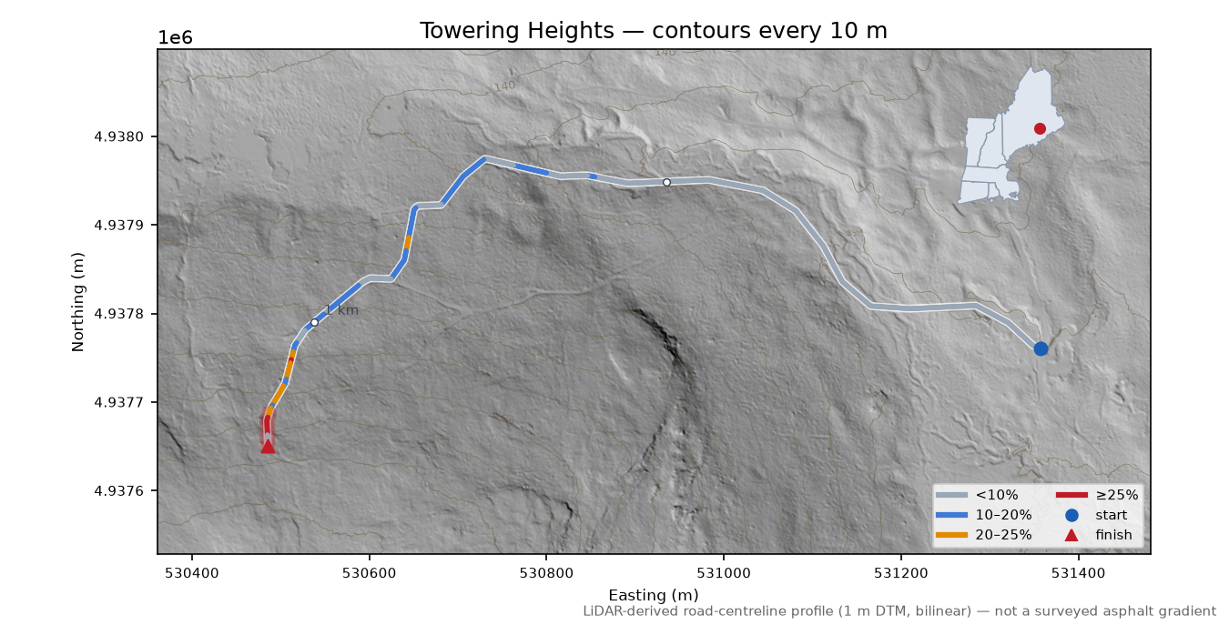 Towering Heights LiDAR hillshade map with contours