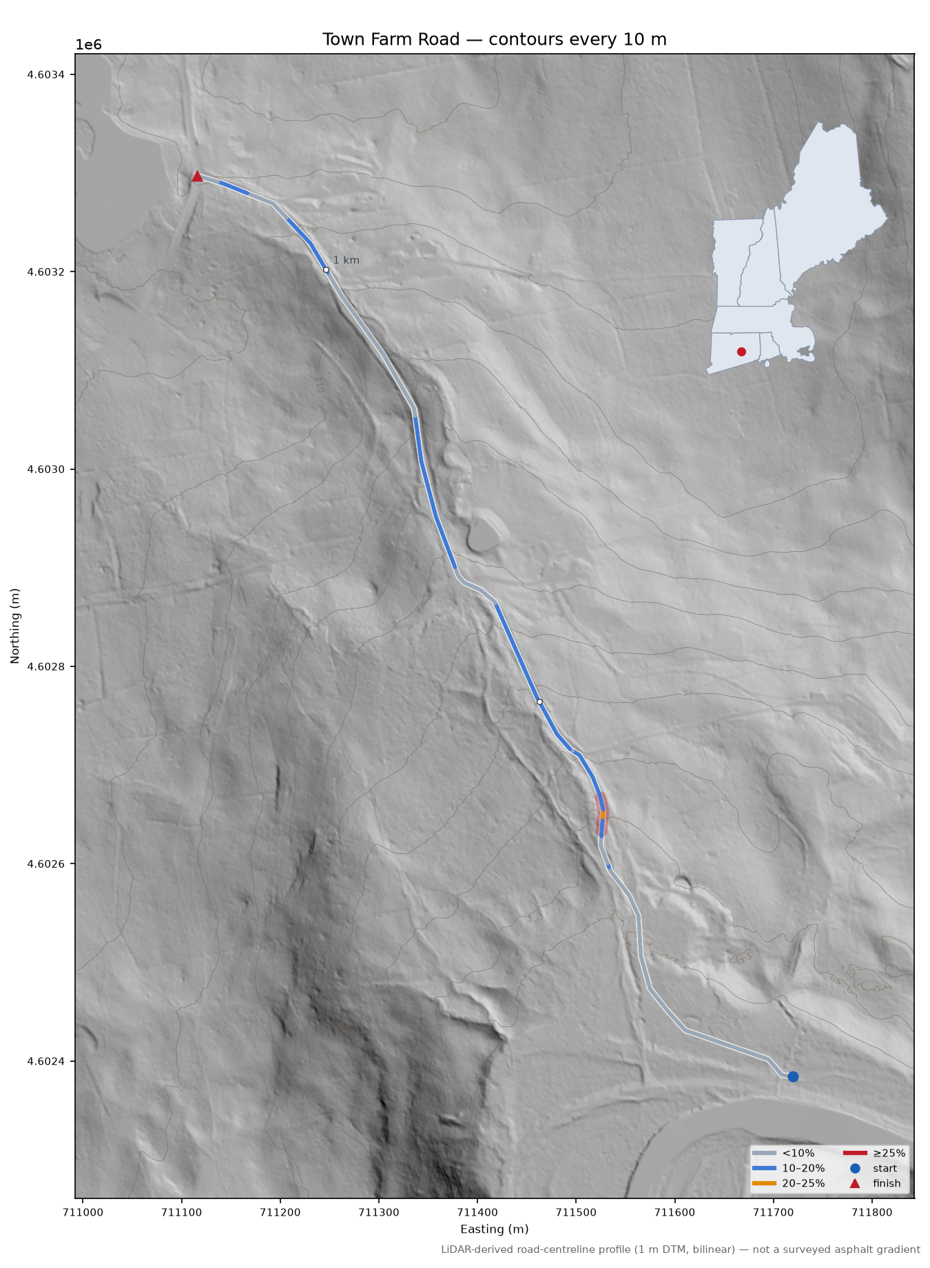 Town Farm Road LiDAR hillshade map with contours