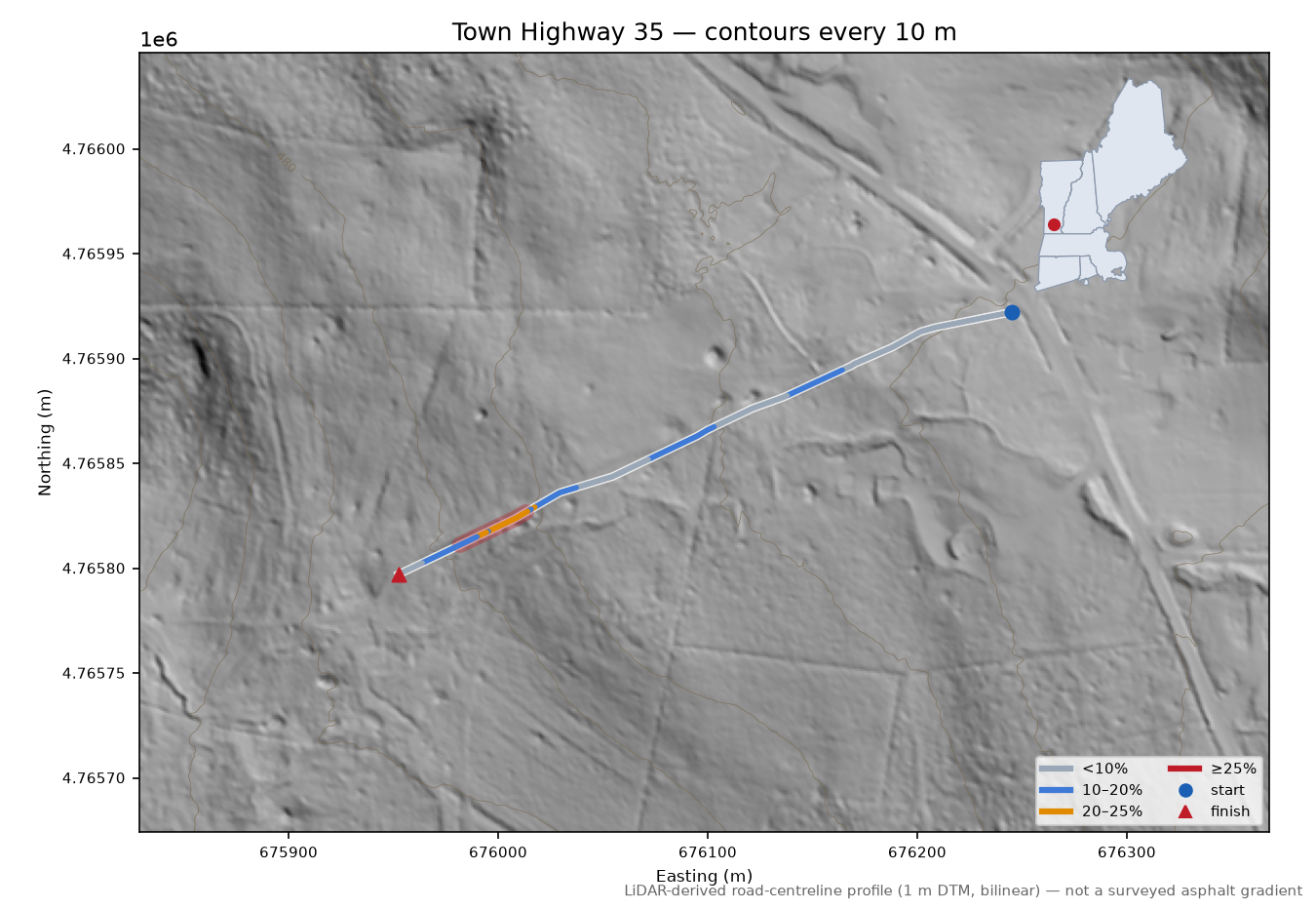 Town Highway 35 LiDAR hillshade map with contours