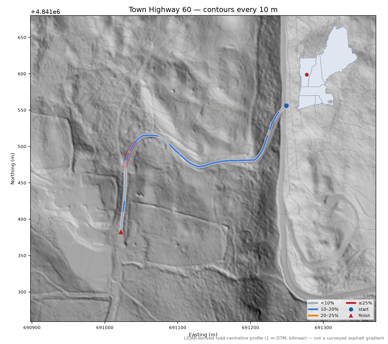 Town Highway 60 LiDAR hillshade map with contours