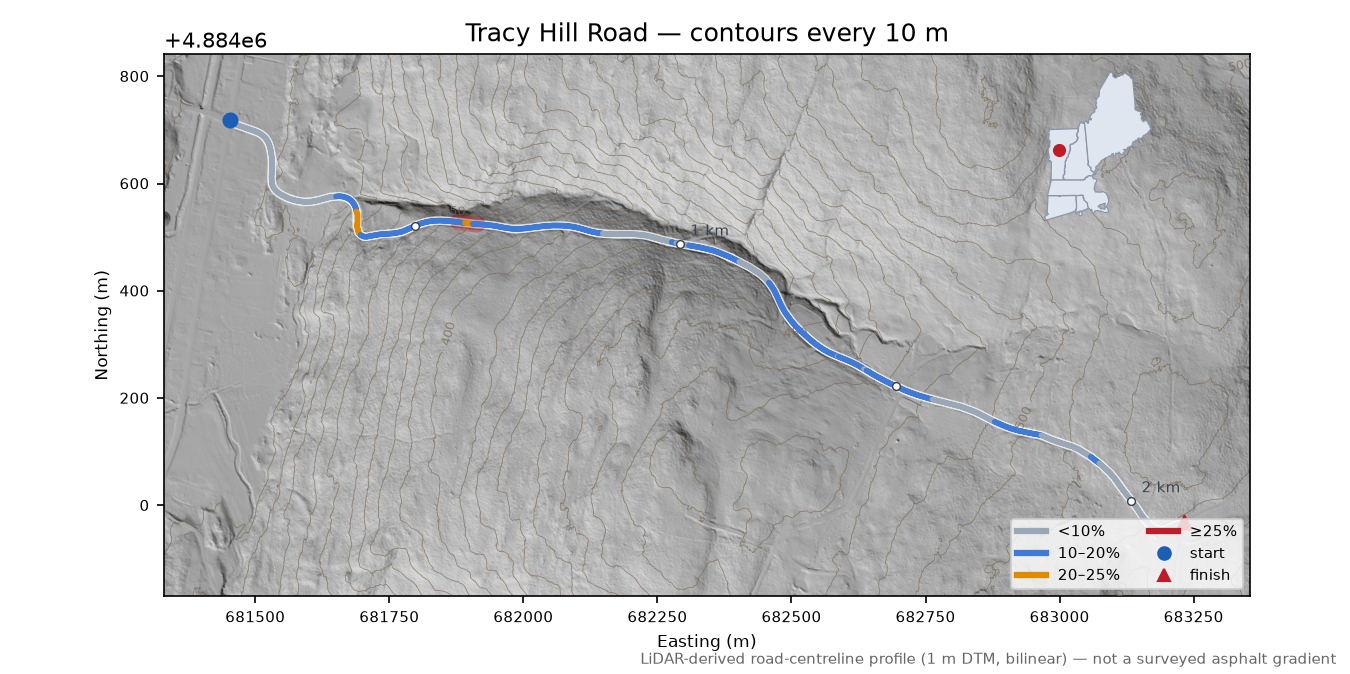 Tracy Hill Road LiDAR hillshade map with contours