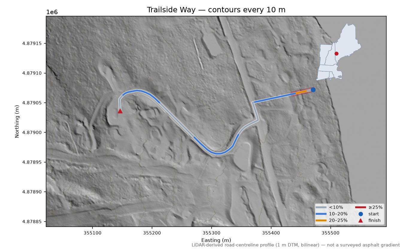 Trailside Way LiDAR hillshade map with contours