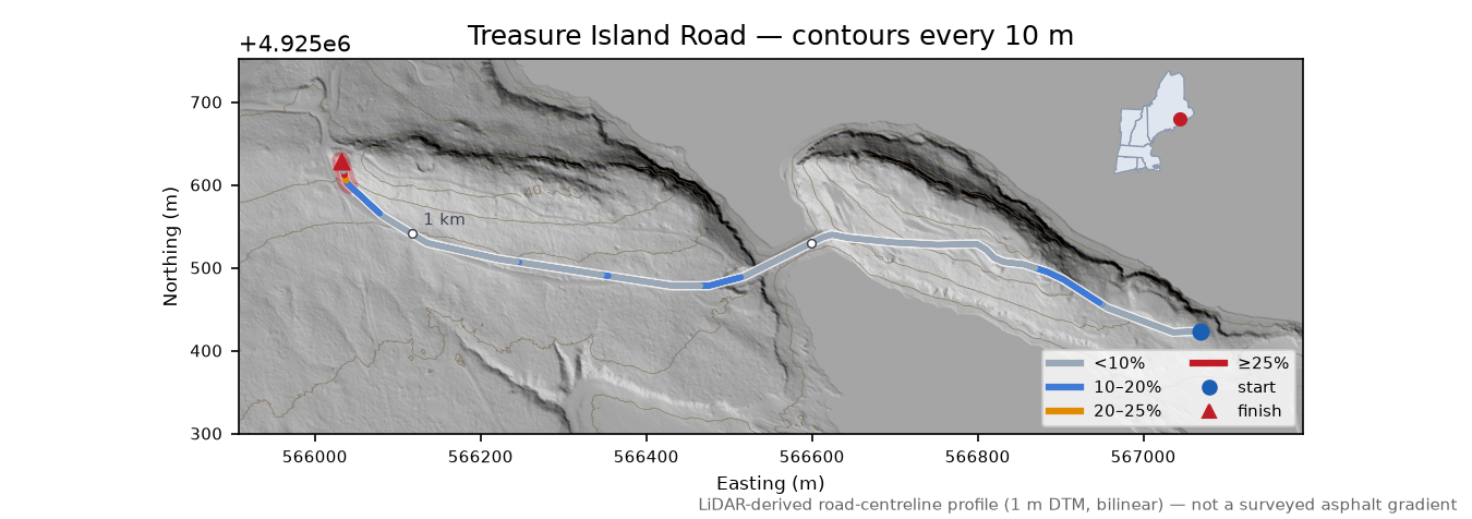 Treasure Island Road LiDAR hillshade map with contours