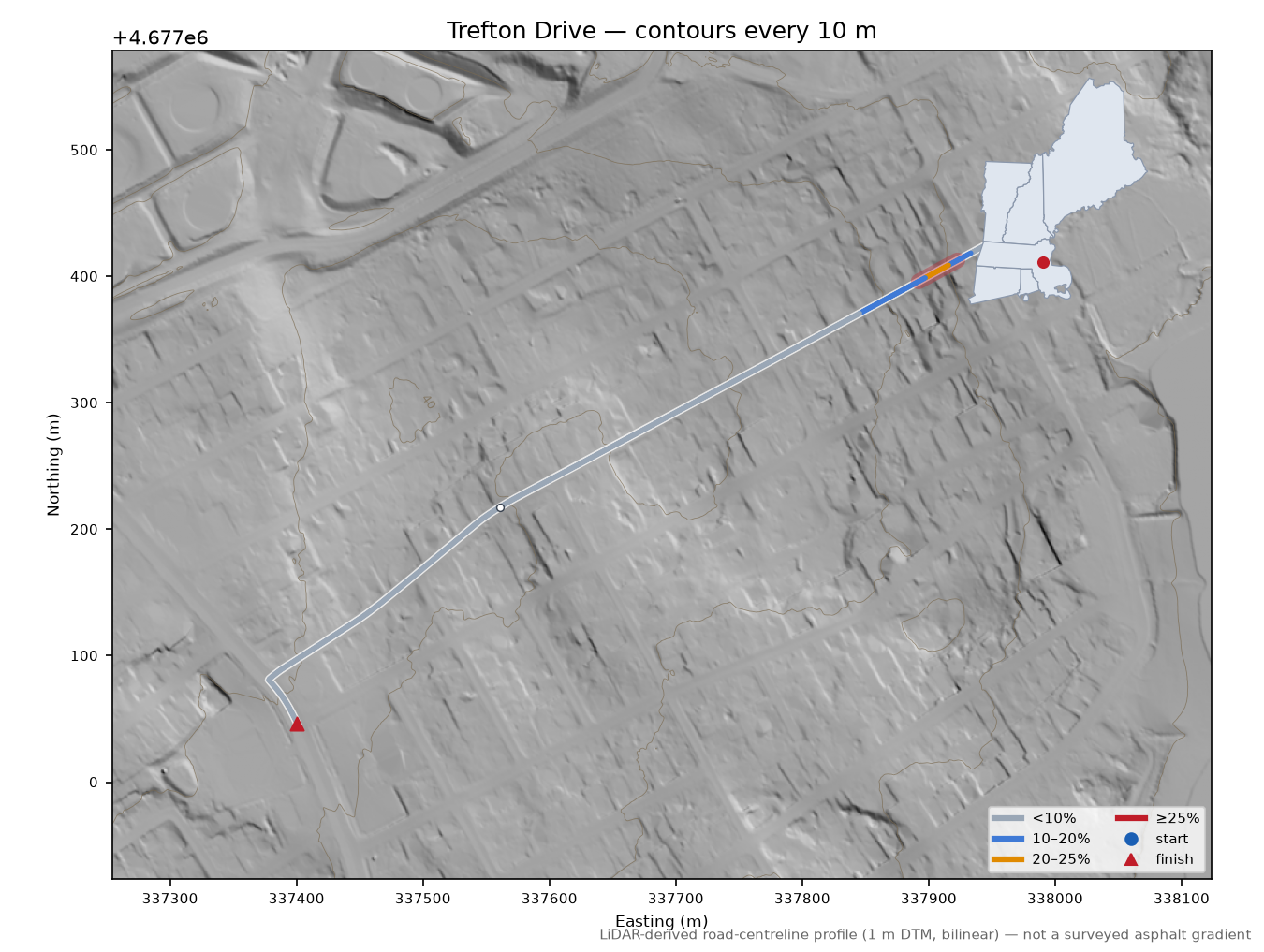 Trefton Drive LiDAR hillshade map with contours