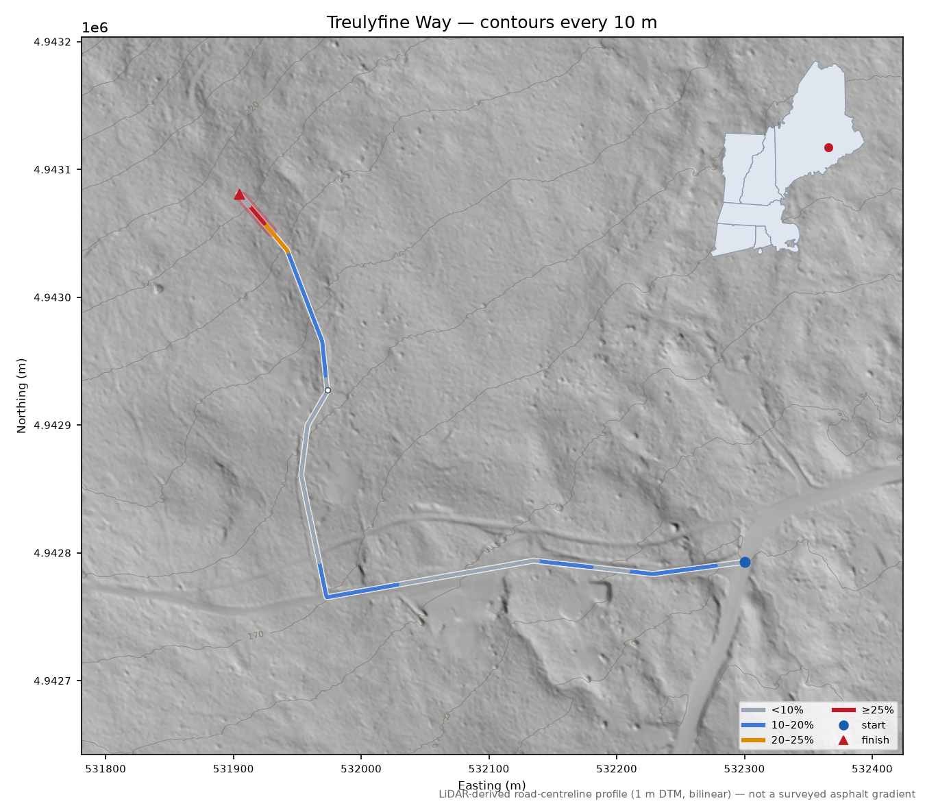 Treulyfine Way LiDAR hillshade map with contours