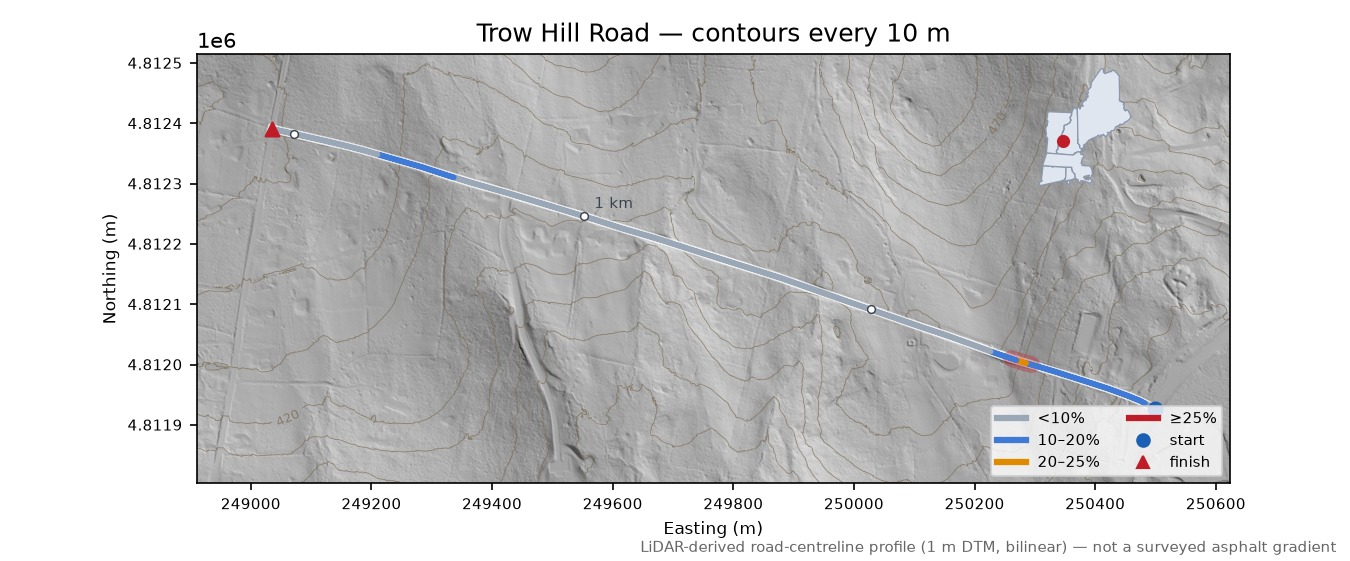 Trow Hill Road LiDAR hillshade map with contours