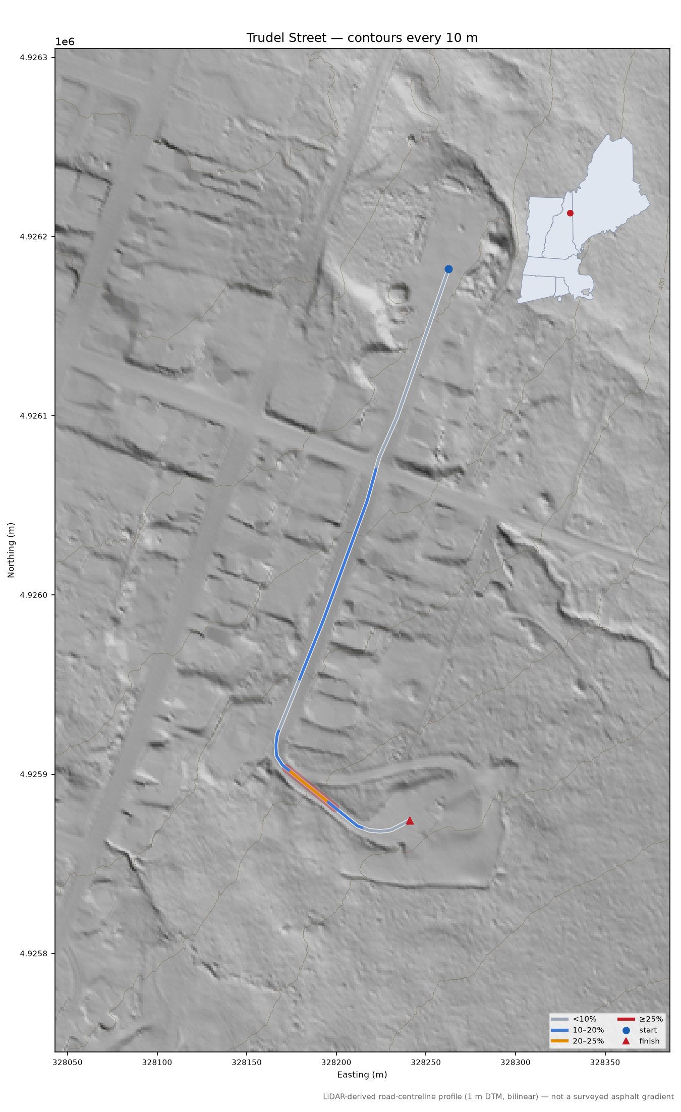 Trudel Street LiDAR hillshade map with contours