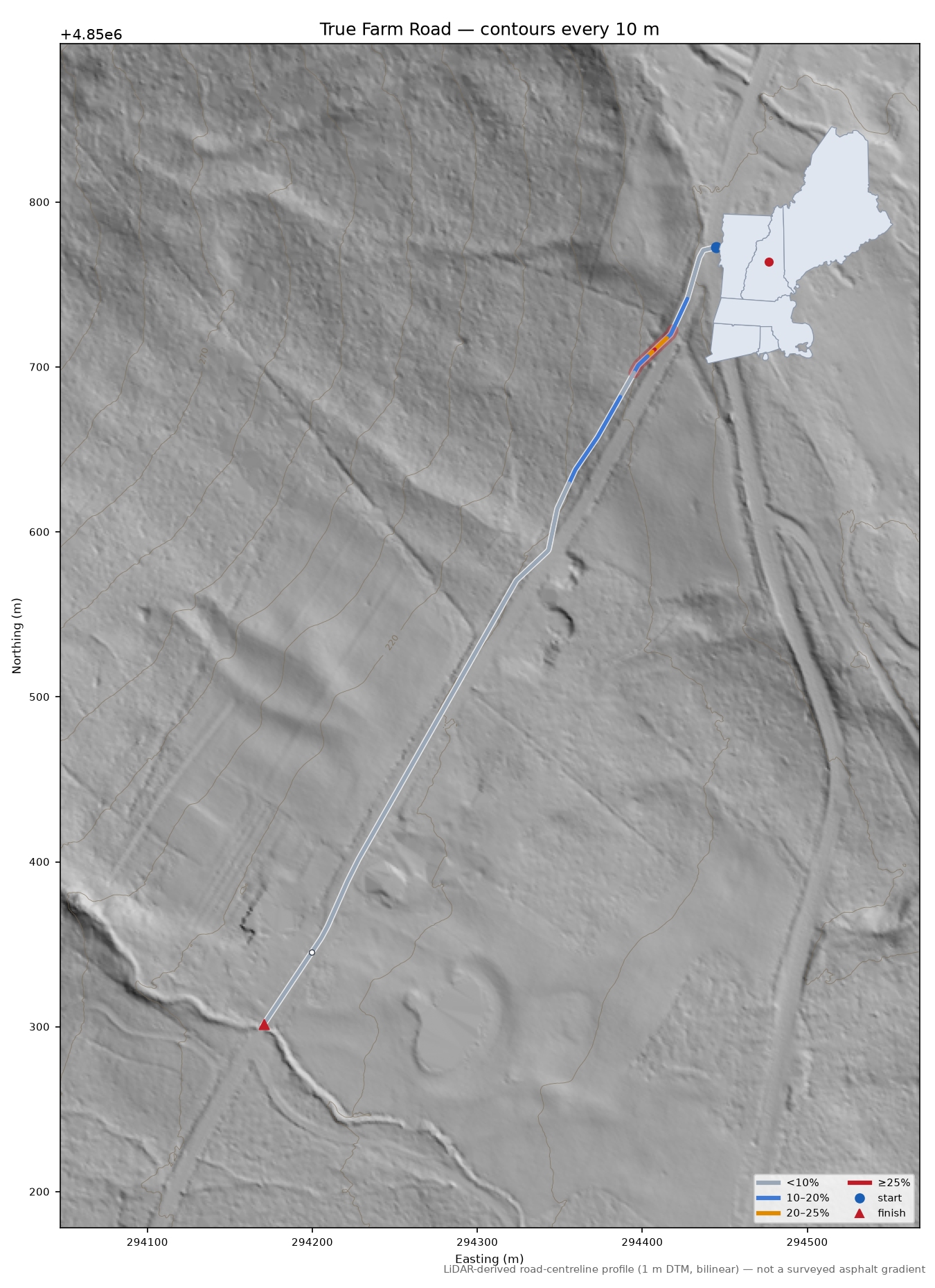 True Farm Road LiDAR hillshade map with contours