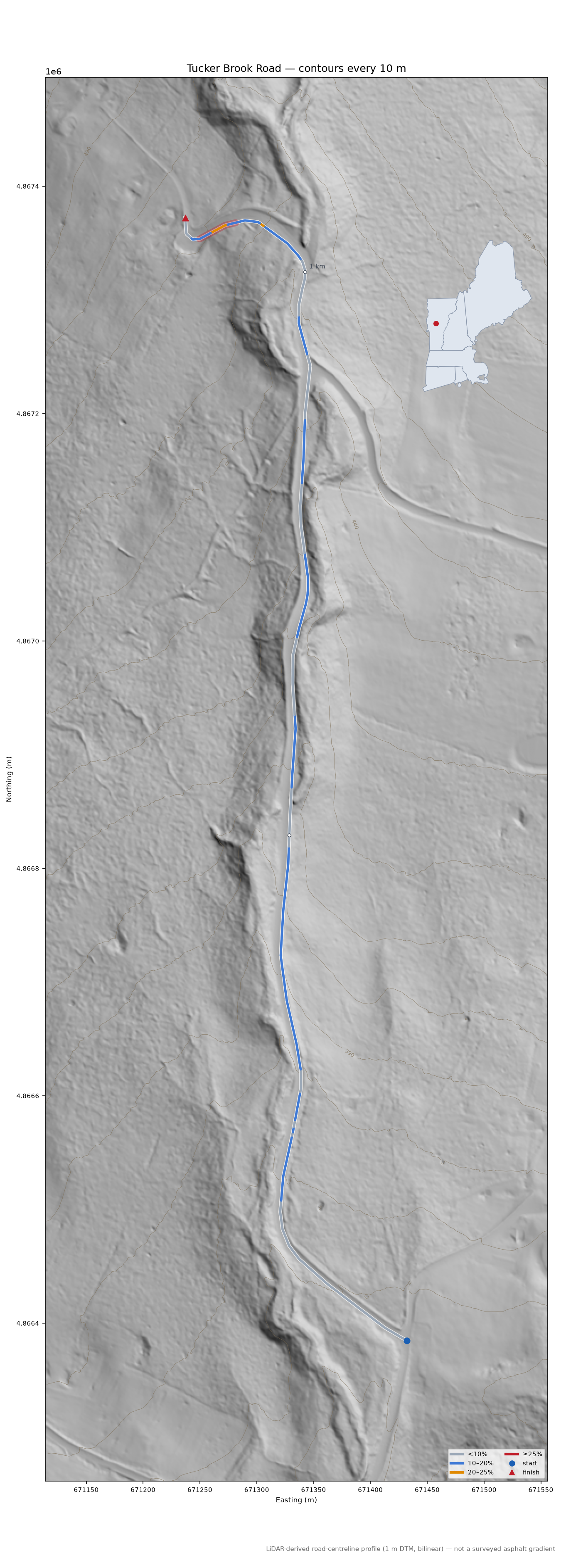 Tucker Brook Road LiDAR hillshade map with contours