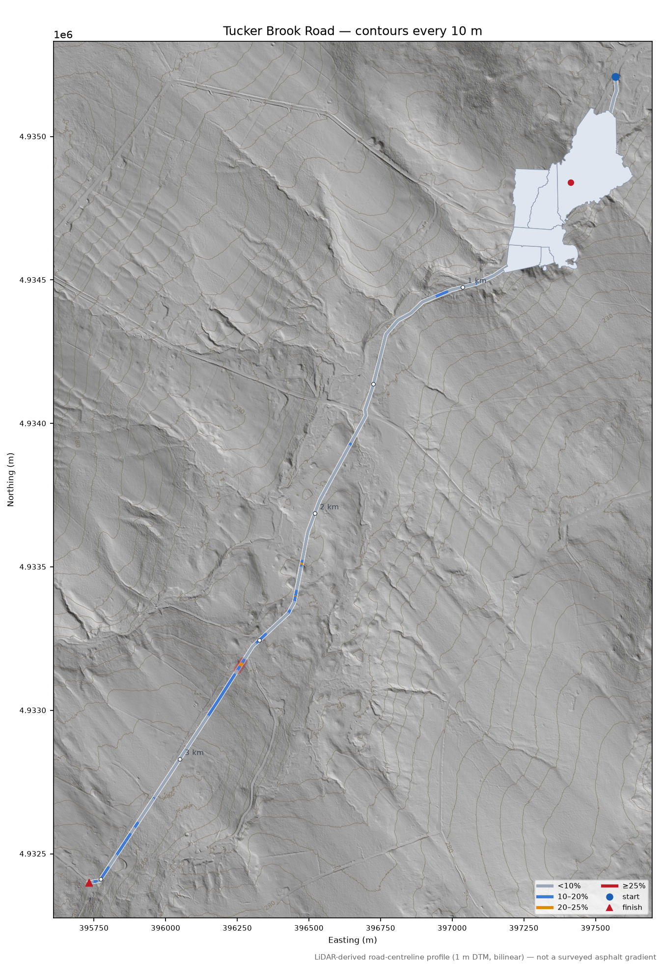 Tucker Brook Road LiDAR hillshade map with contours