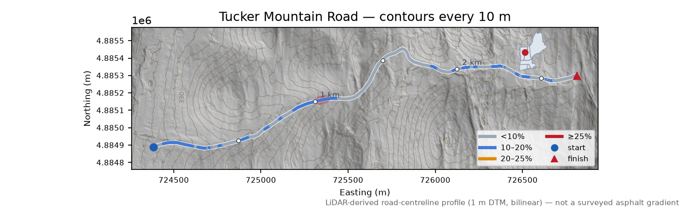 Tucker Mountain Road LiDAR hillshade map with contours