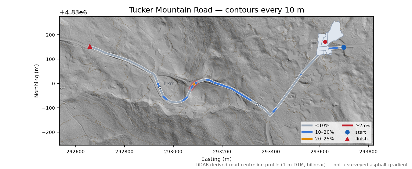 Tucker Mountain Road LiDAR hillshade map with contours