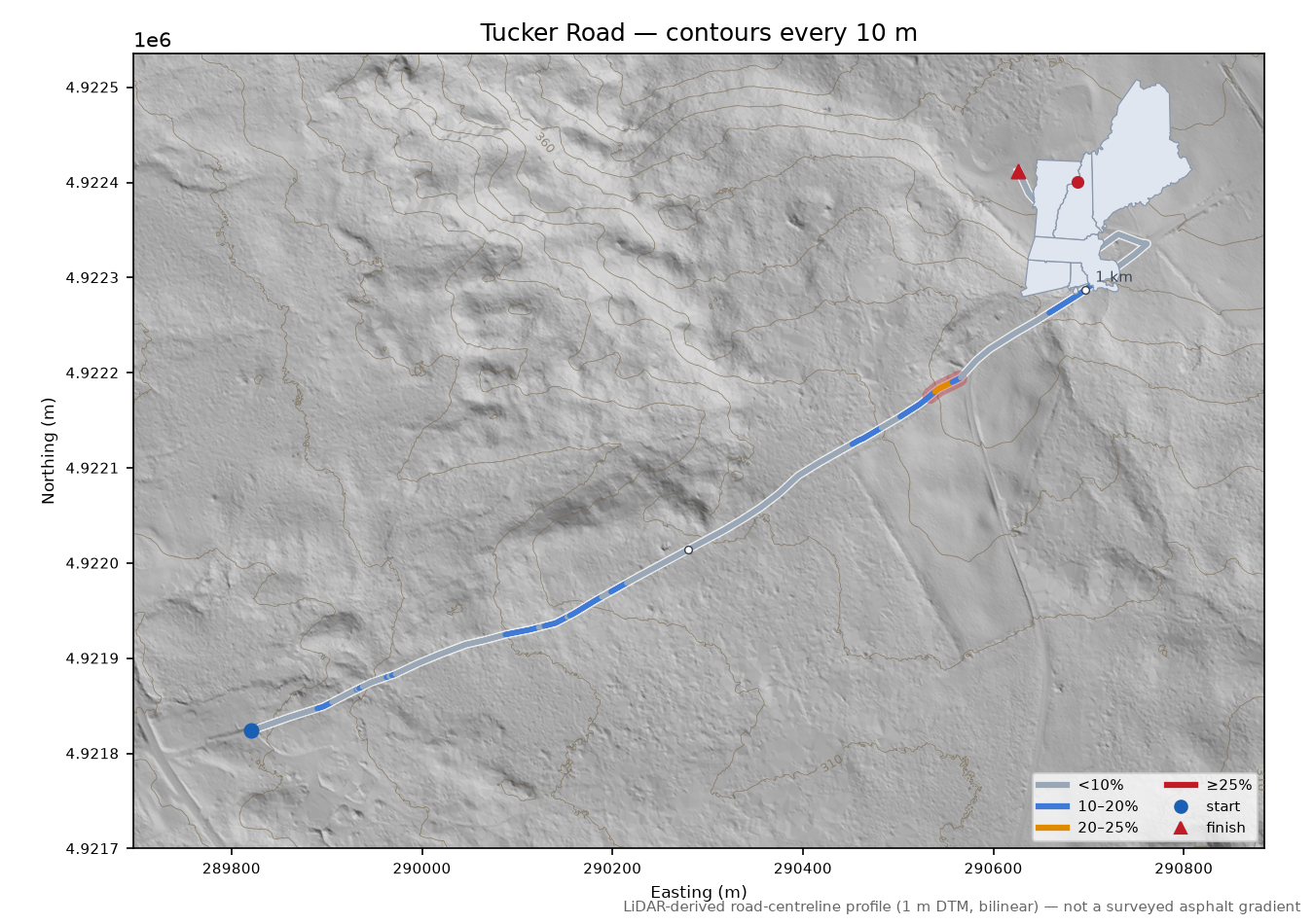 Tucker Road LiDAR hillshade map with contours