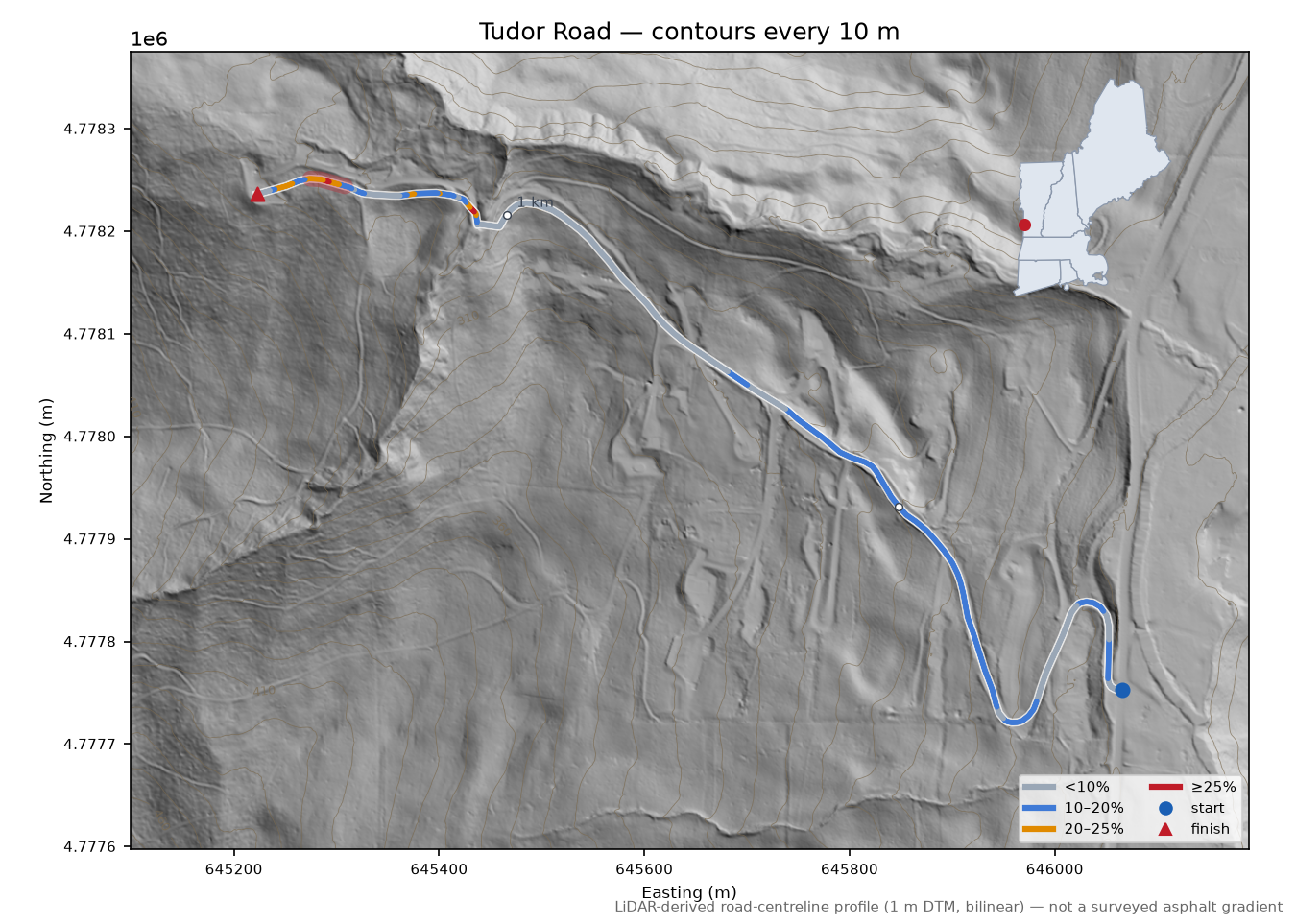 Tudor Road LiDAR hillshade map with contours