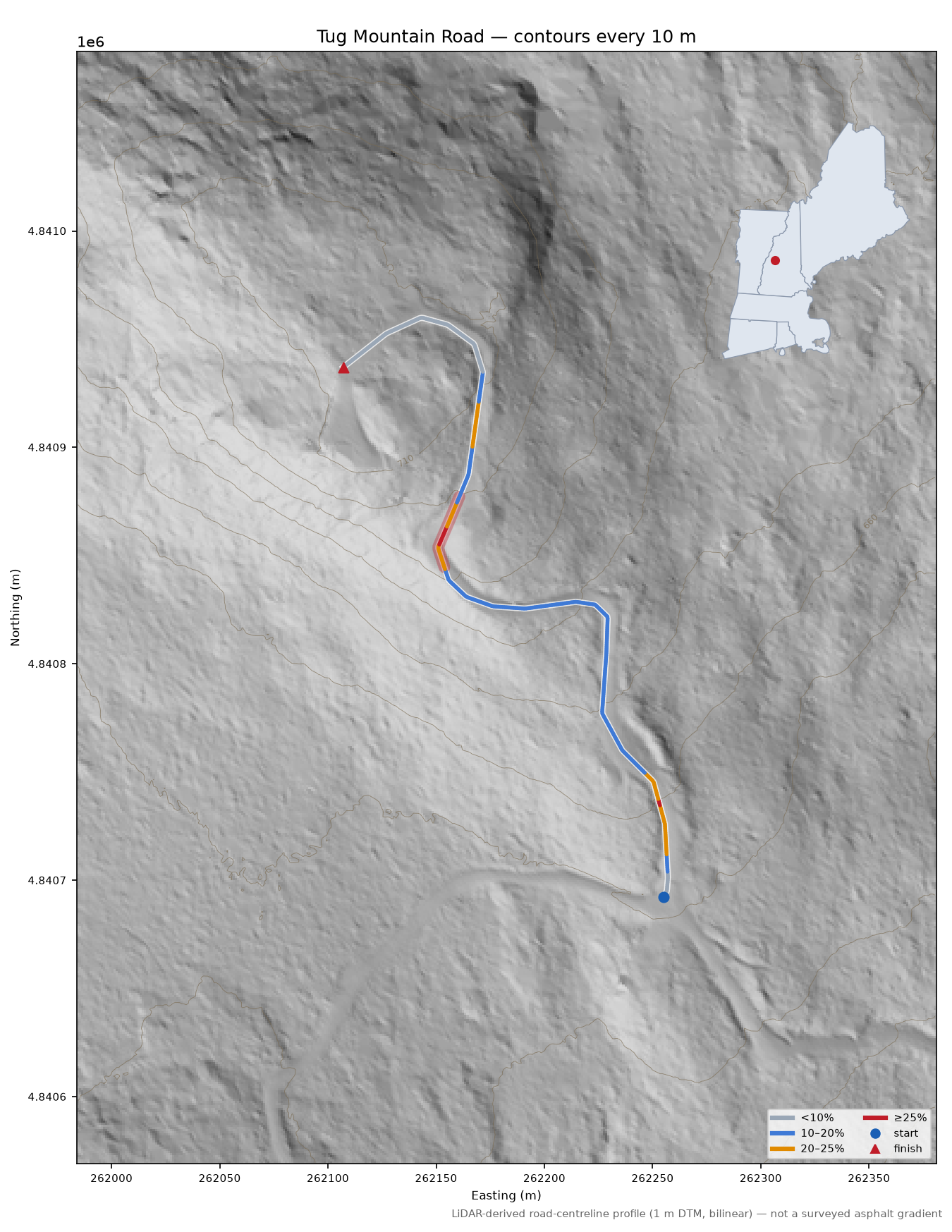Tug Mountain Road LiDAR hillshade map with contours
