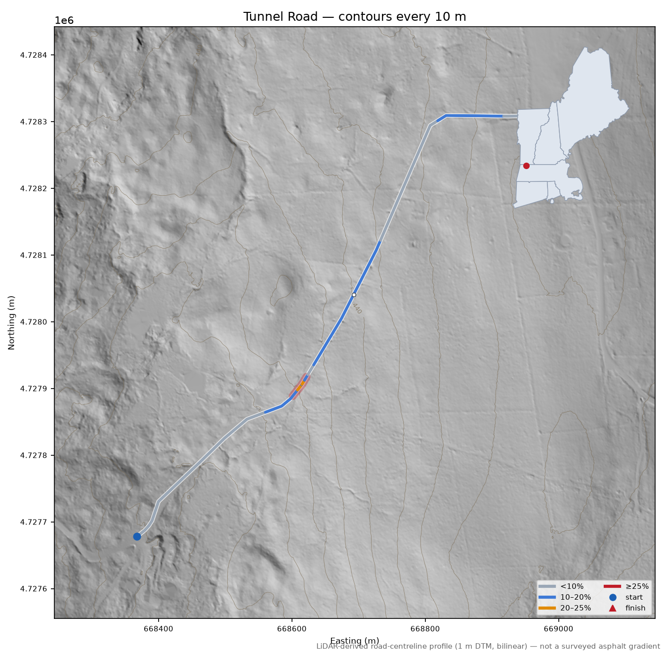 Tunnel Road LiDAR hillshade map with contours