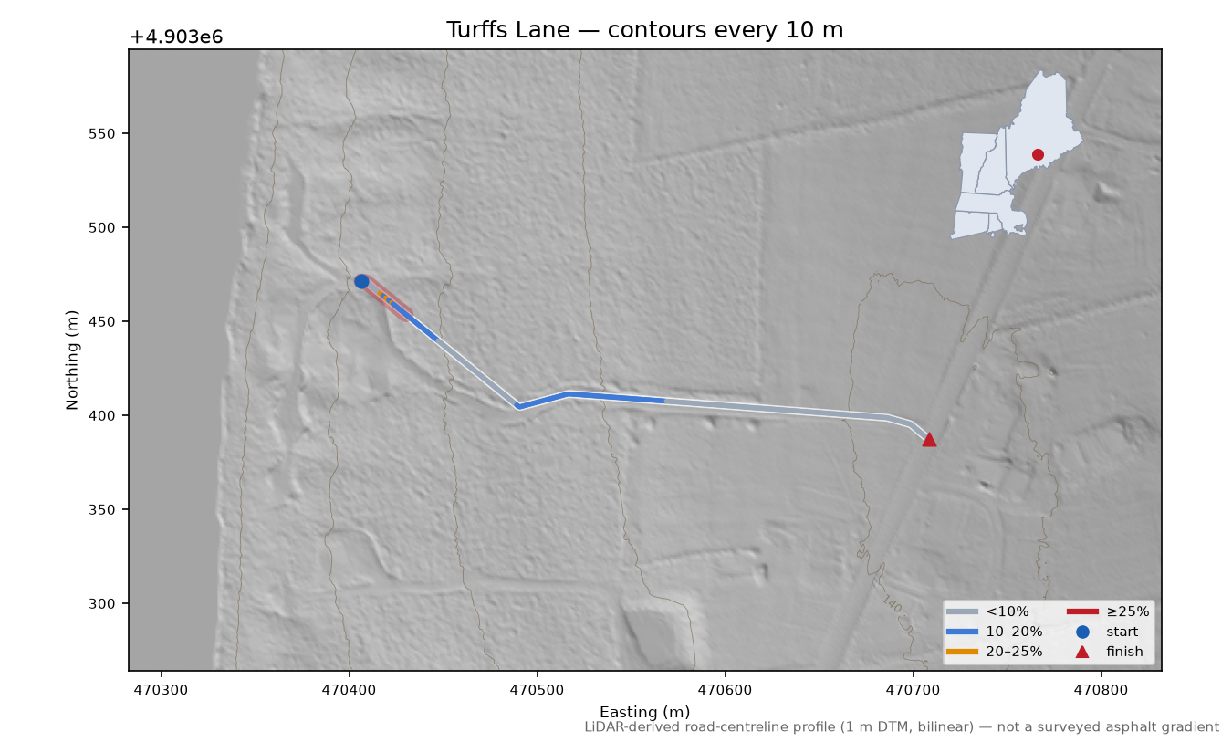 Turffs Lane LiDAR hillshade map with contours