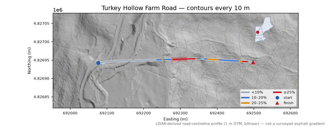 Turkey Hollow Farm Road LiDAR hillshade map with contours