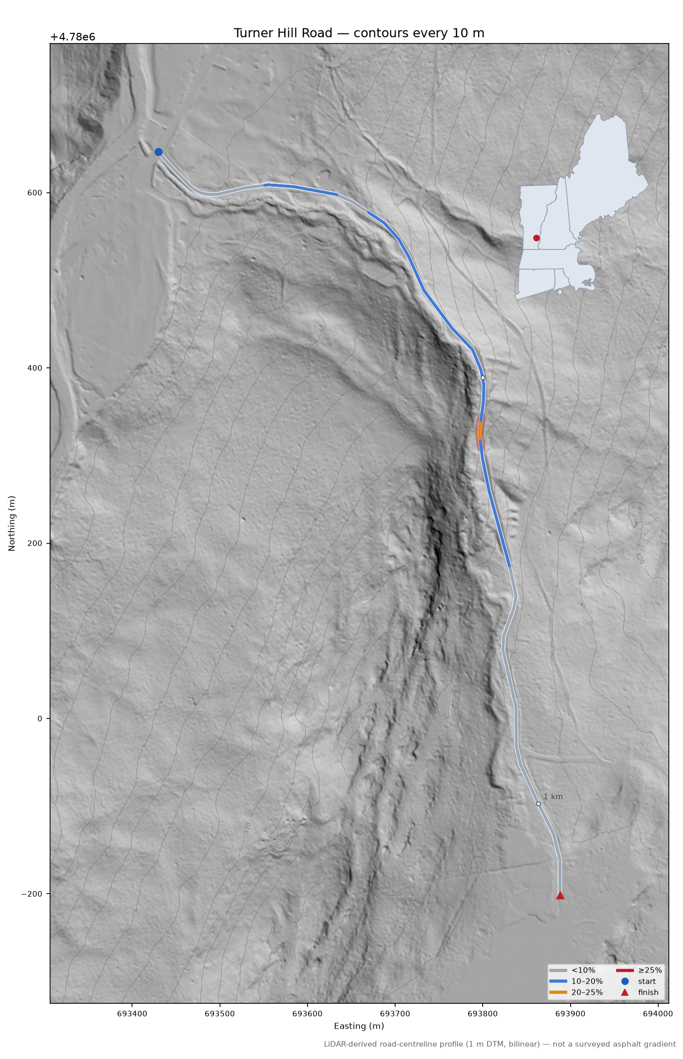 Turner Hill Road LiDAR hillshade map with contours