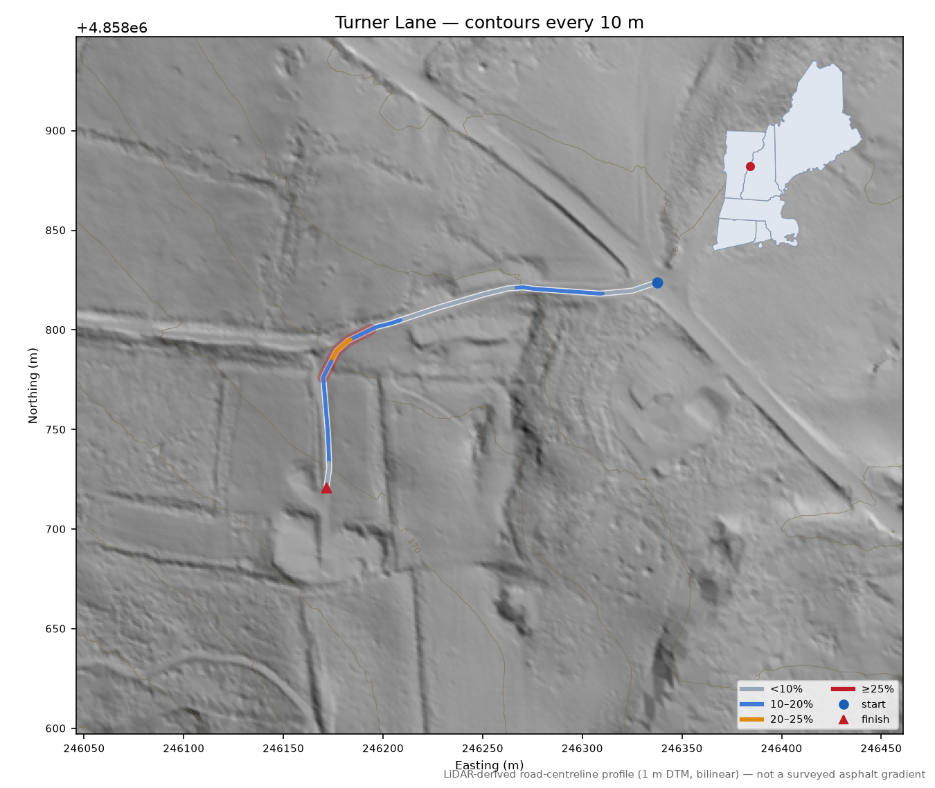 Turner Lane LiDAR hillshade map with contours